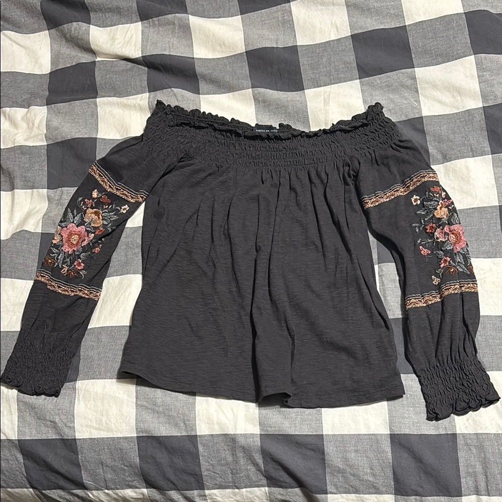 American Eagle Dark Gray Off-Shoulder Top with Floral Embroidery